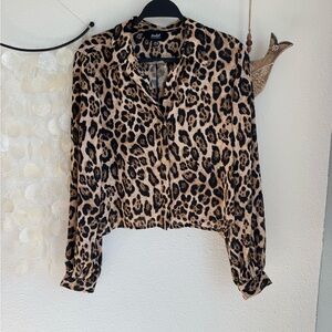Marled Leopard Print Long Sleeve Crop Blouse Size M